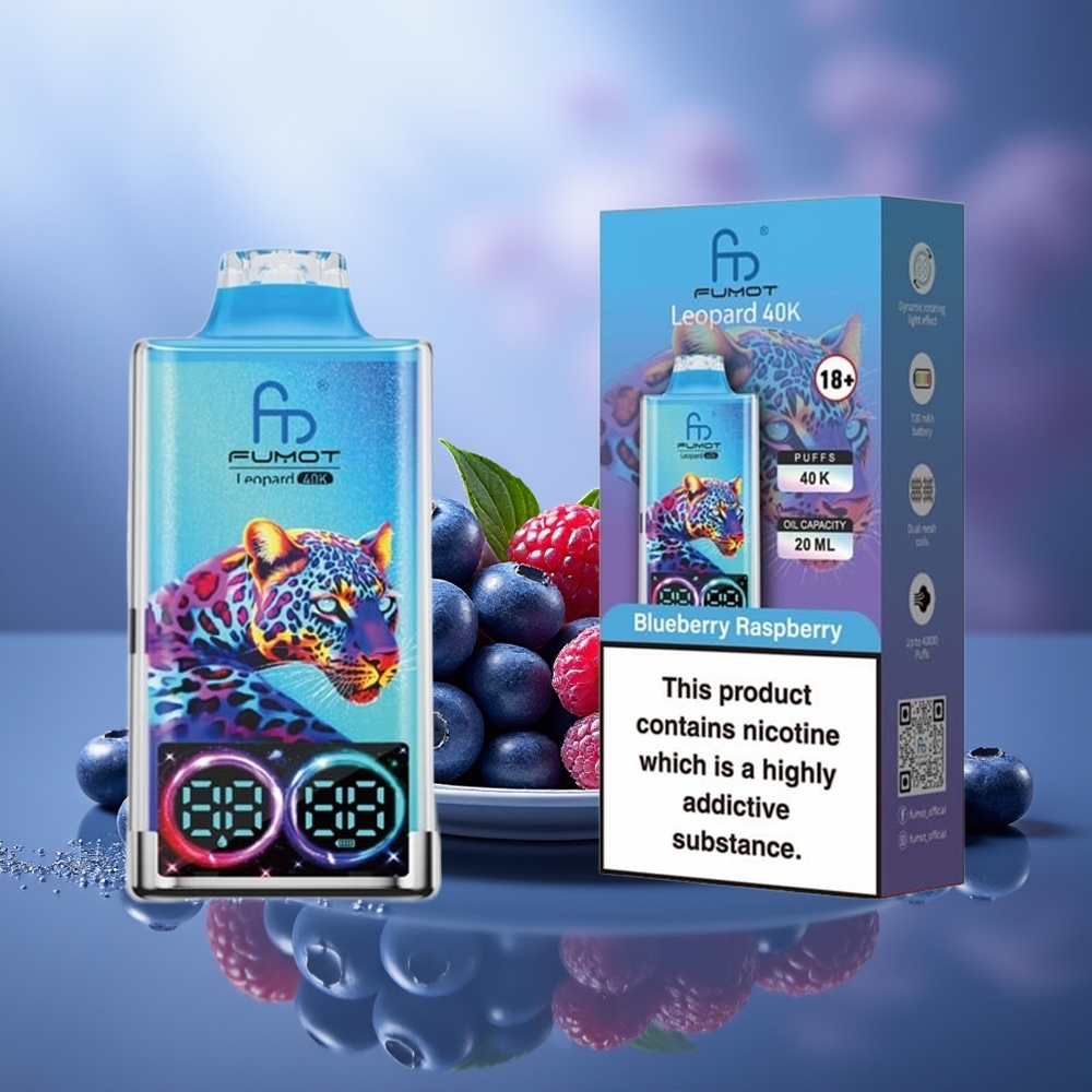 Fumot Leopard 40000 Puffs Vape Arándano Frambuesa Dual Mesh 5% Nicotine 700mAh Type-C