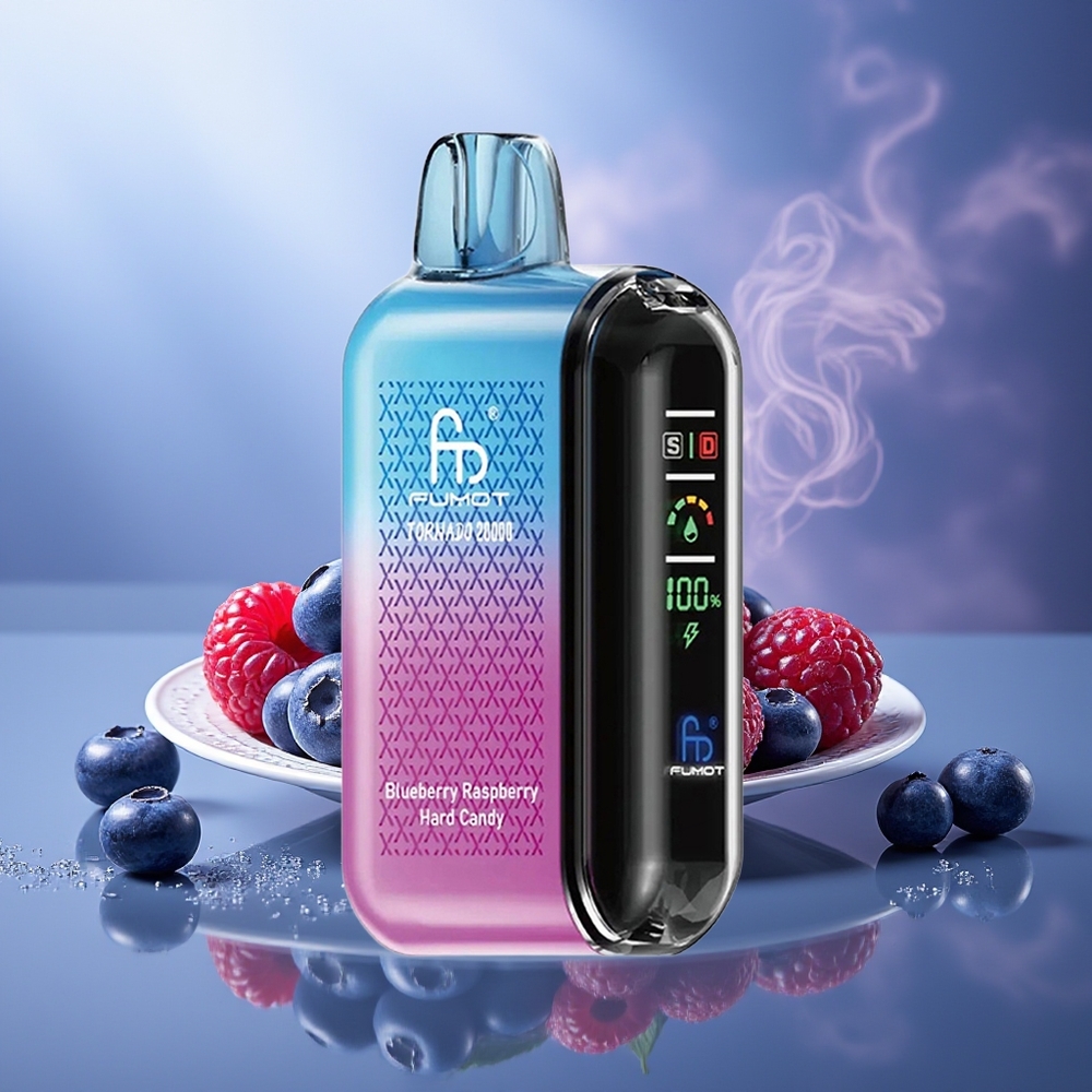 Fumot Tornado 20000 Puffs Arándano Frambuesa Caramelo Duro Dual Mesh Coil 20ml Pantalla Inteligente