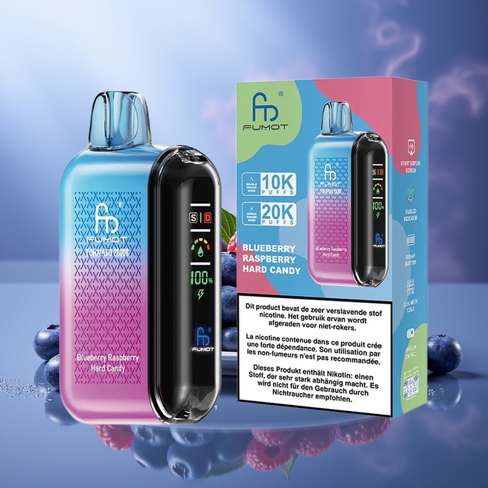 Fumot Tornado 20000 Puffs Arándano Frambuesa Caramelo Duro Dual Mesh Coil 20ml Pantalla Inteligente