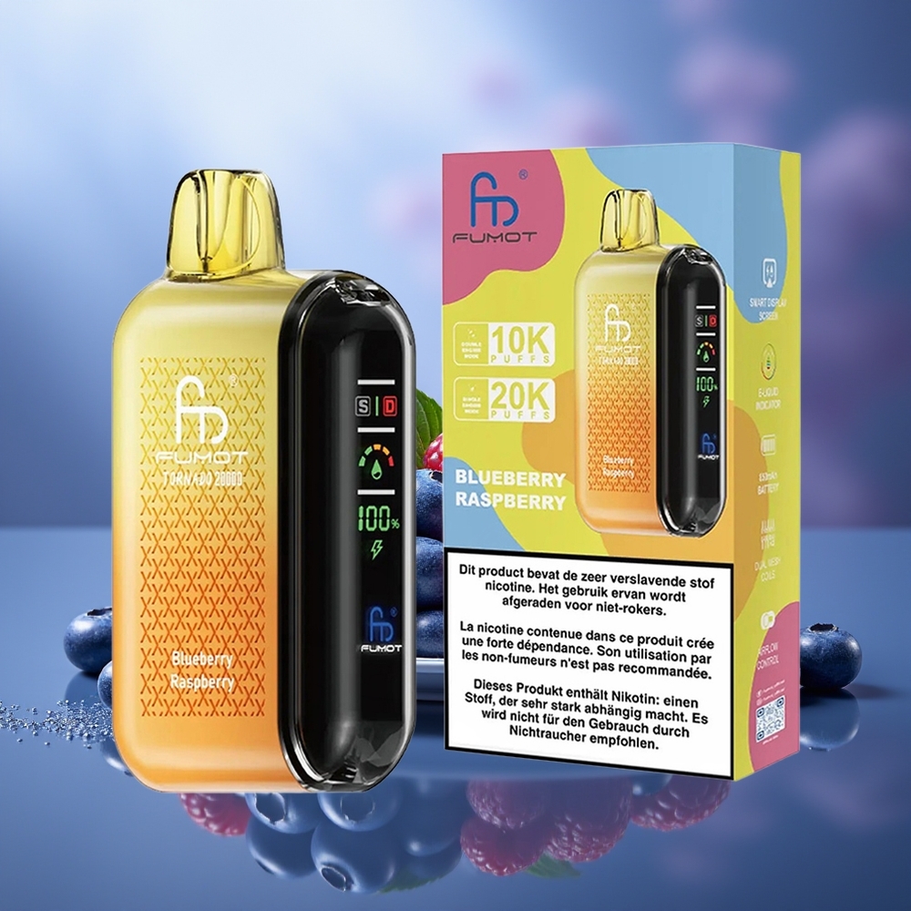 Fumot Tornado 20000 Puffs Arándano Frambuesa Dual Mesh Coil Smart Display Airflow Control