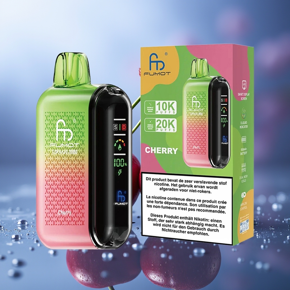 Fumot Tornado 20000 Puffs Cereza Dual Mesh Coil 20ml Pantalla Inteligente