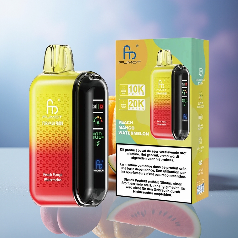 Fumot Tornado 20000 Puffs Durazno Mango Sandía Dual Mesh Coil 20ml E-liquid 850mAh Batería Recargable