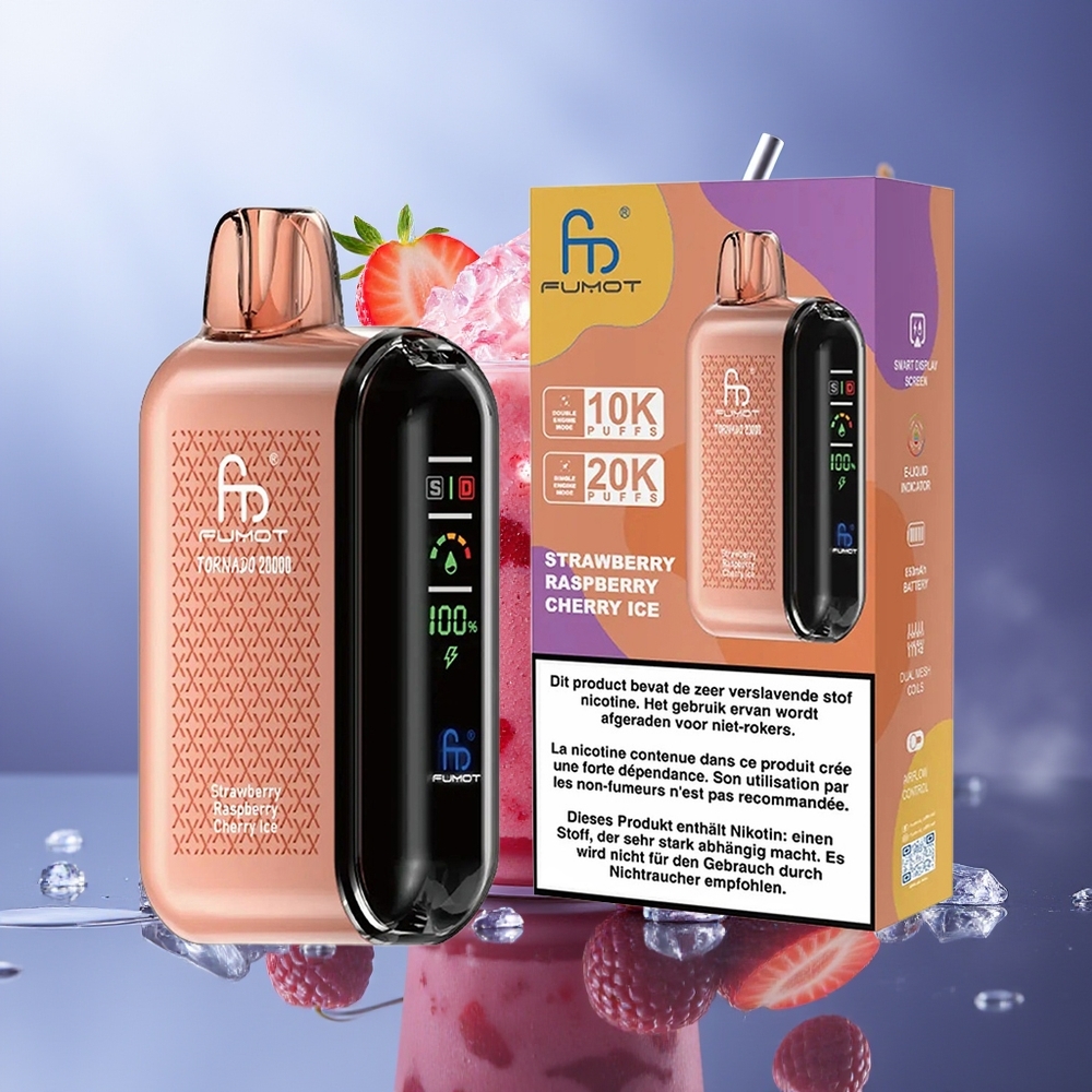 Fumot Tornado 20000 Puffs Fresa Frambuesa Cereza Hielo Dual Mesh Coil 20ml 850mAh