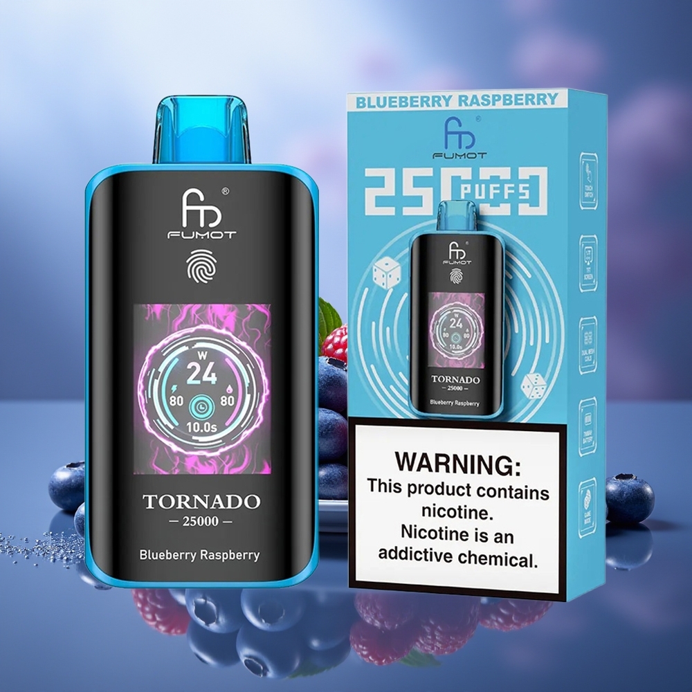 Fumot Tornado 25000 Puffs Arándano Frambuesa Pantalla HD Batería Recargable 700mAh Puerto Type-C