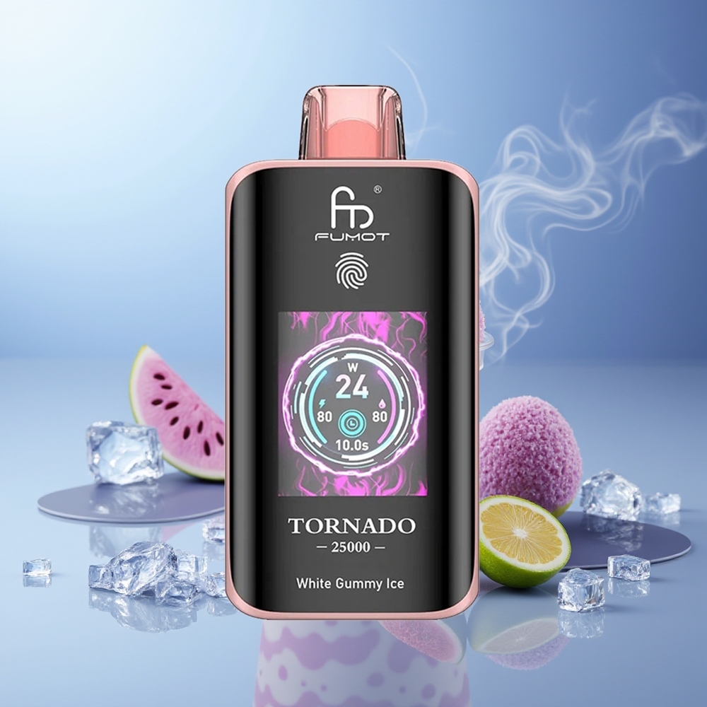 Fumot Tornado 25000 Puffs Gominola Blanca Hielo Pantalla HD Batería Recargable 700mAh Puerto Tipo-C