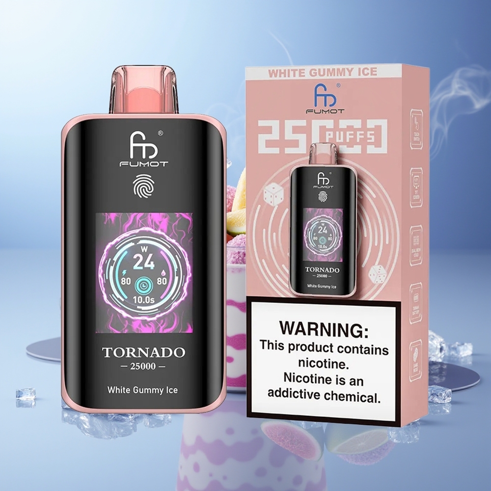 Fumot Tornado 25000 Puffs Gominola Blanca Hielo Pantalla HD Batería Recargable 700mAh Puerto Tipo-C