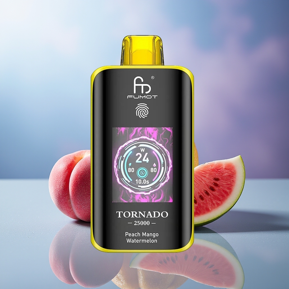 Fumot Tornado 25000 Puffs Melocotón Mango Sandía Pantalla HD Batería Recargable 700mAh Carga Tipo-C