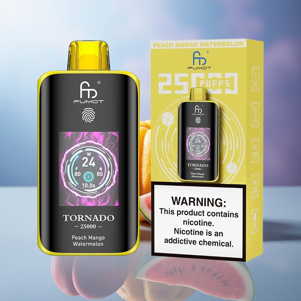 Fumot Tornado 25000 Puffs Melocotón Mango Sandía Pantalla HD Batería Recargable 700mAh Carga Tipo-C