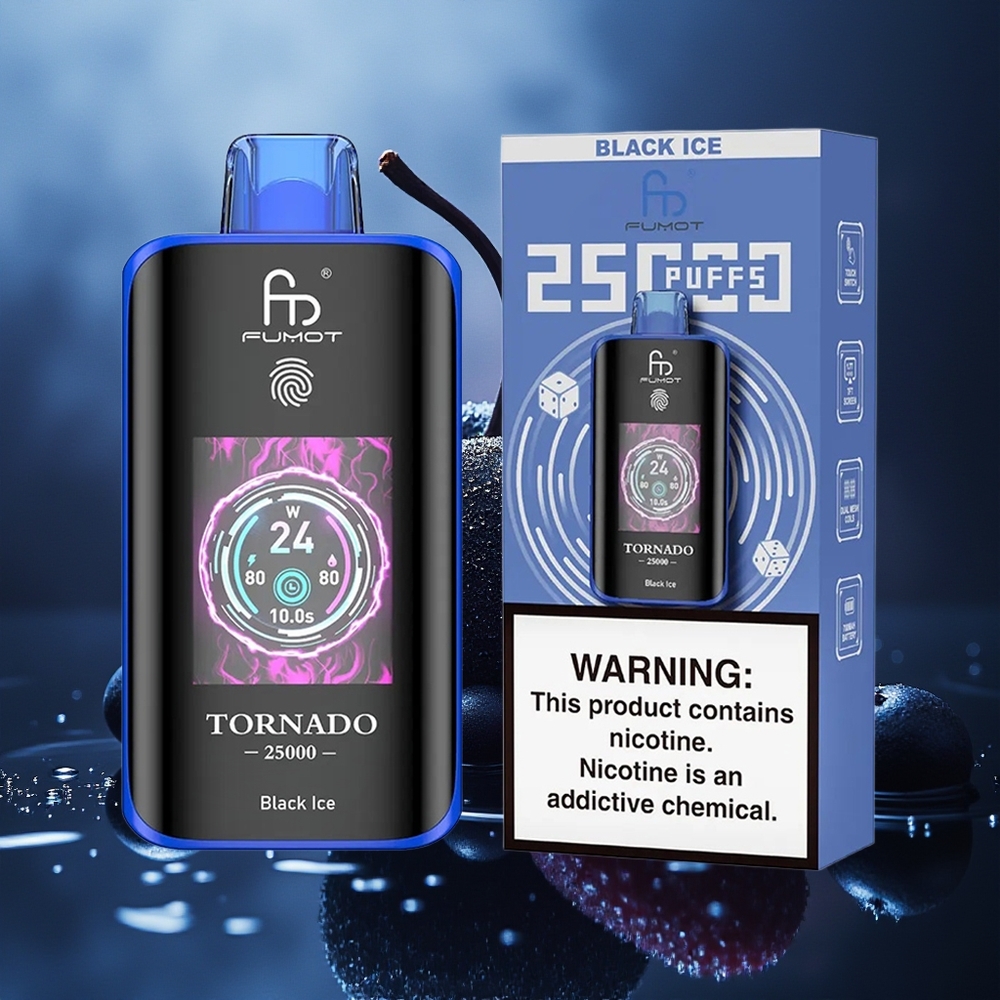 Fumot Tornado 25000 Puffs Negro Hielo Pantalla HD Batería Recargable 700mAh Puerto Tipo-C