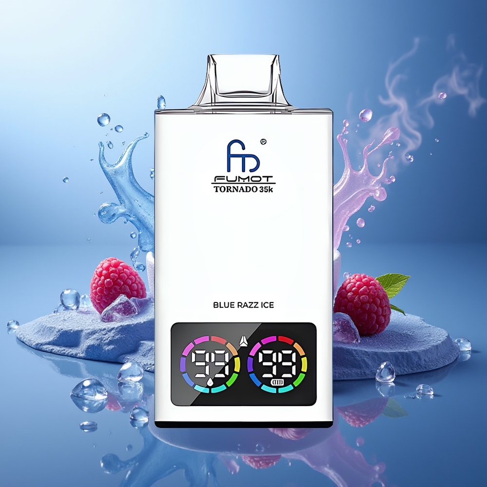 Fumot Tornado 35000 Vape Desechable Blue Razz Ice Dual Mesh Coil E-liquid Indicator RGB Lights
