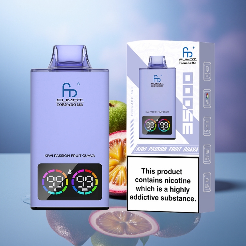 Fumot Tornado 35000 Vape Desechable Kiwi Maracuyá Guayaba Dual Mesh Coil E-liquid Indicator RGB Lights
