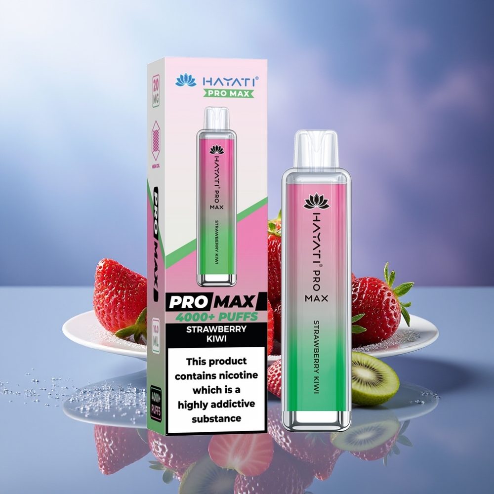 Hayati Pro Max 4000 Puffs Vape Desechable Fresa Kiwi 5% Nicotina LED Recargable