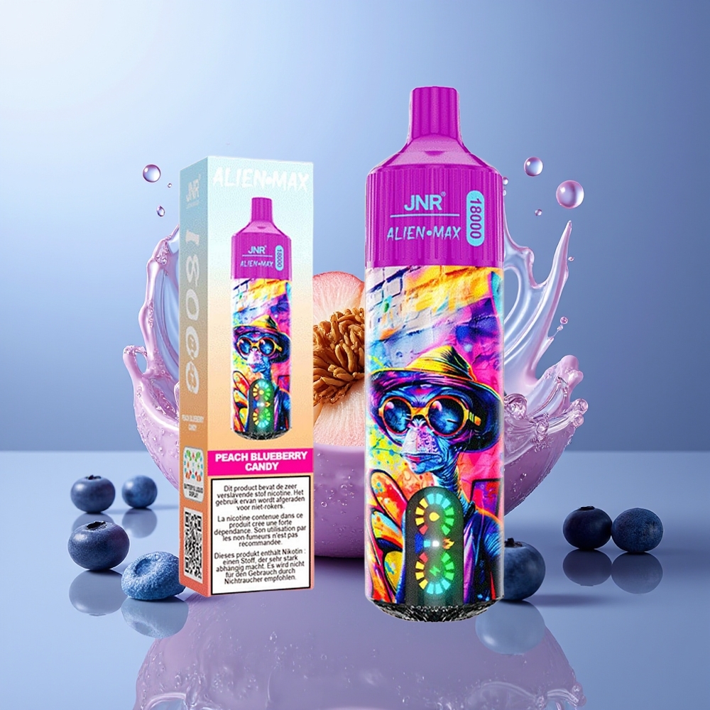JNR Alien Max 18000 Puffs Durazno Arándano Dulce Pantalla LED Doble Nucleo Tipo-C