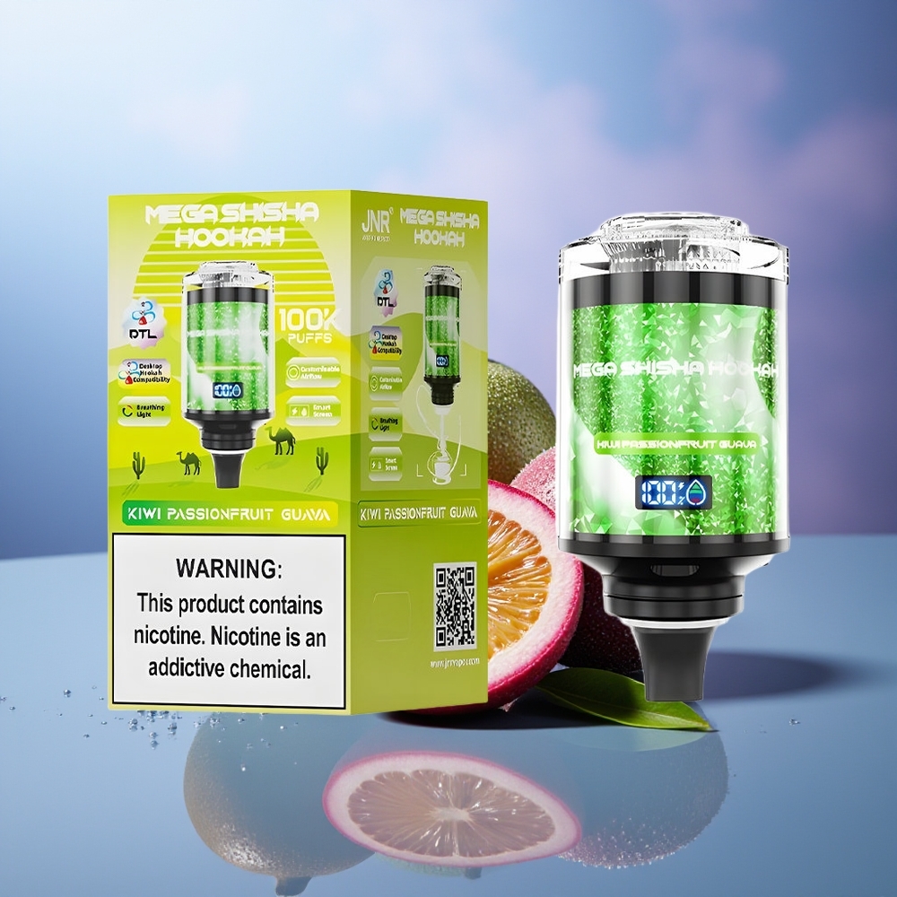 JNR Mega Shisha Hookah 100K Kiwi Maracuyá Guayaba 2200mAh Pantalla Inteligente Flujo Ajustable