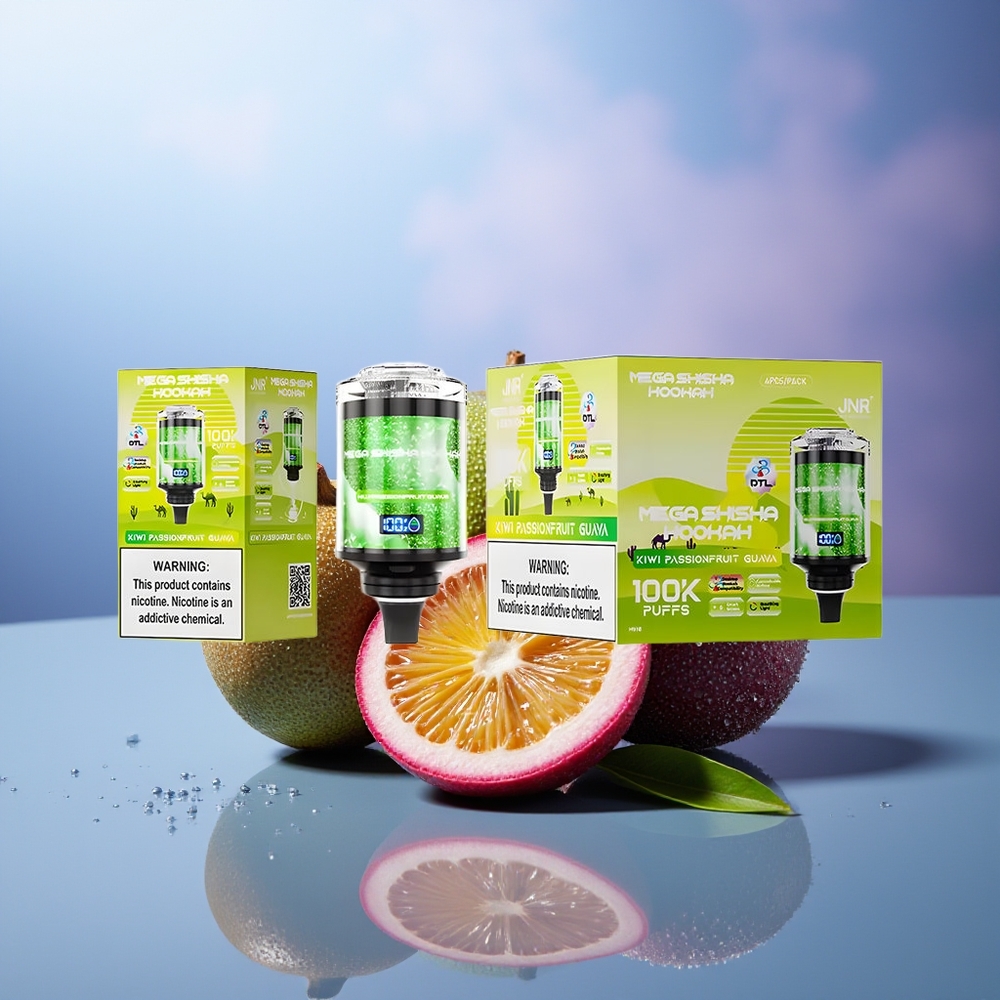 JNR Mega Shisha Hookah 100K Kiwi Maracuyá Guayaba 2200mAh Pantalla Inteligente Flujo Ajustable