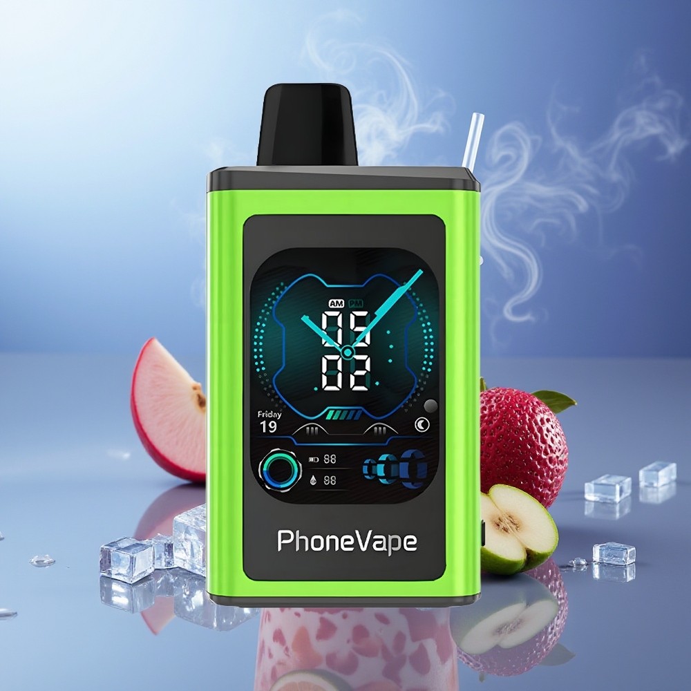 JNR PhoneVape 30000 bocadas Vape Desechable Manzana Ácida Helada con Batería Recargable 850mAh, Pantalla Completa y Modo Turbo