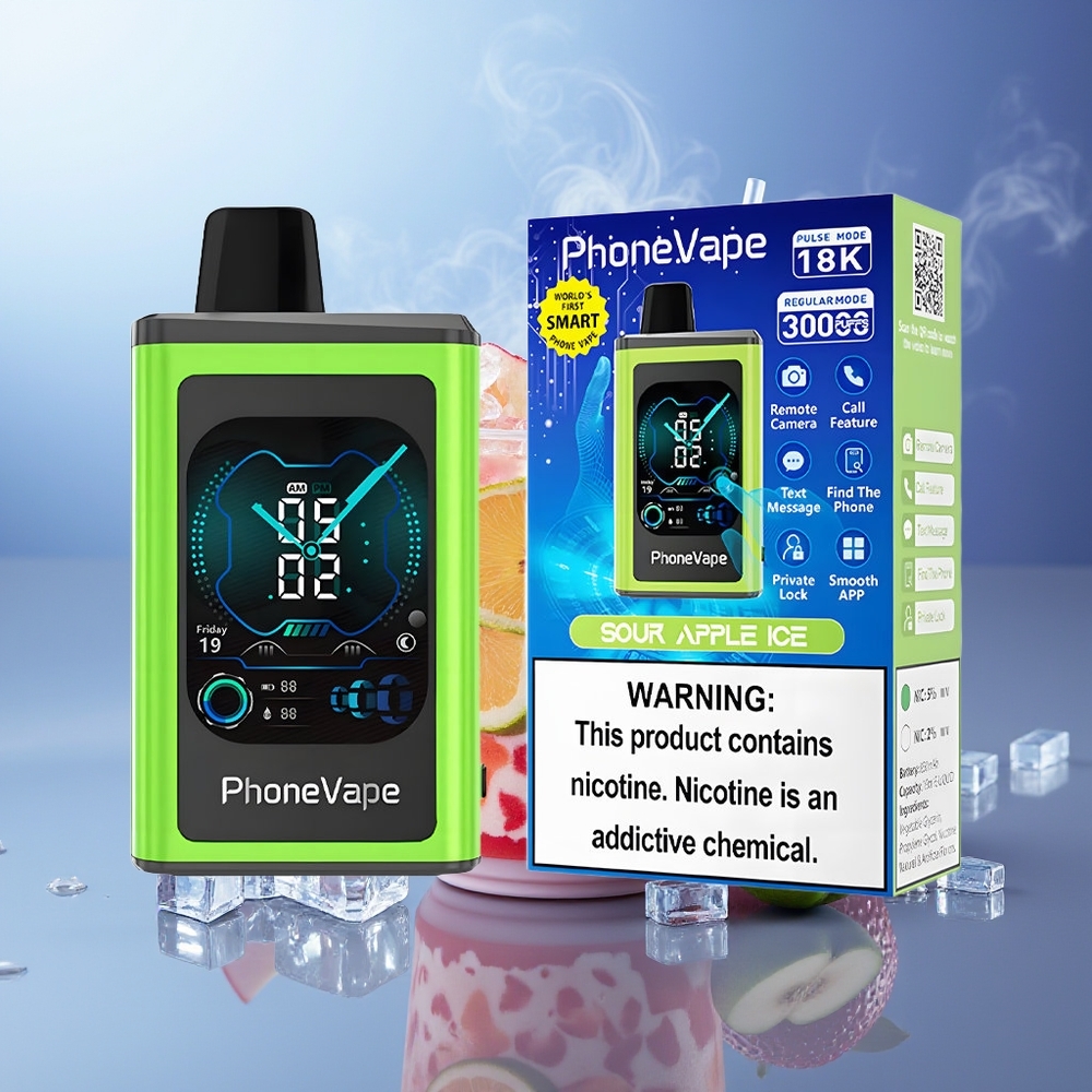 JNR PhoneVape 30000 bocadas Vape Desechable Manzana Ácida Helada con Batería Recargable 850mAh, Pantalla Completa y Modo Turbo