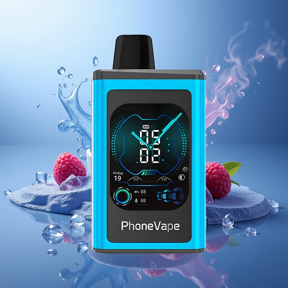 JNR PhoneVape 30000 chupadas Vape Desechable Azul Frambuesa Hielo Pantalla Completa Batería Recargable Tipo-C Modo Turbo