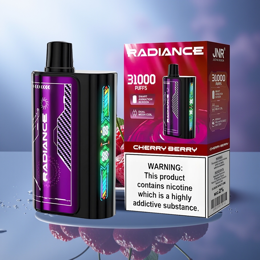 JNR Radiance 31000 Puffs Cereza Baya 28ml Pantalla Animada Dual Mesh Coil