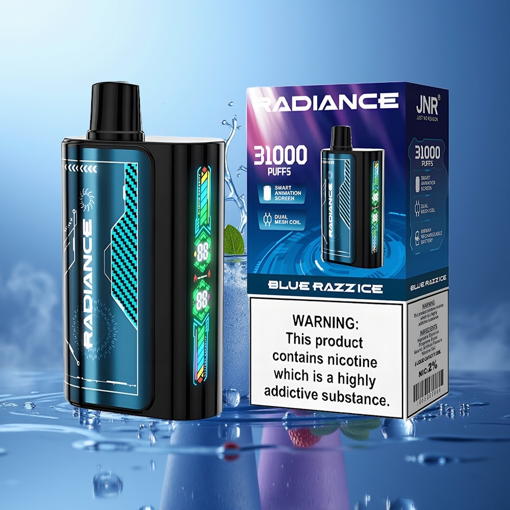 JNR Radiance 31000 Puffs Vape Desechable Azul Frambuesa Hielo 28ml Pantalla Inteligente Batería Recargable